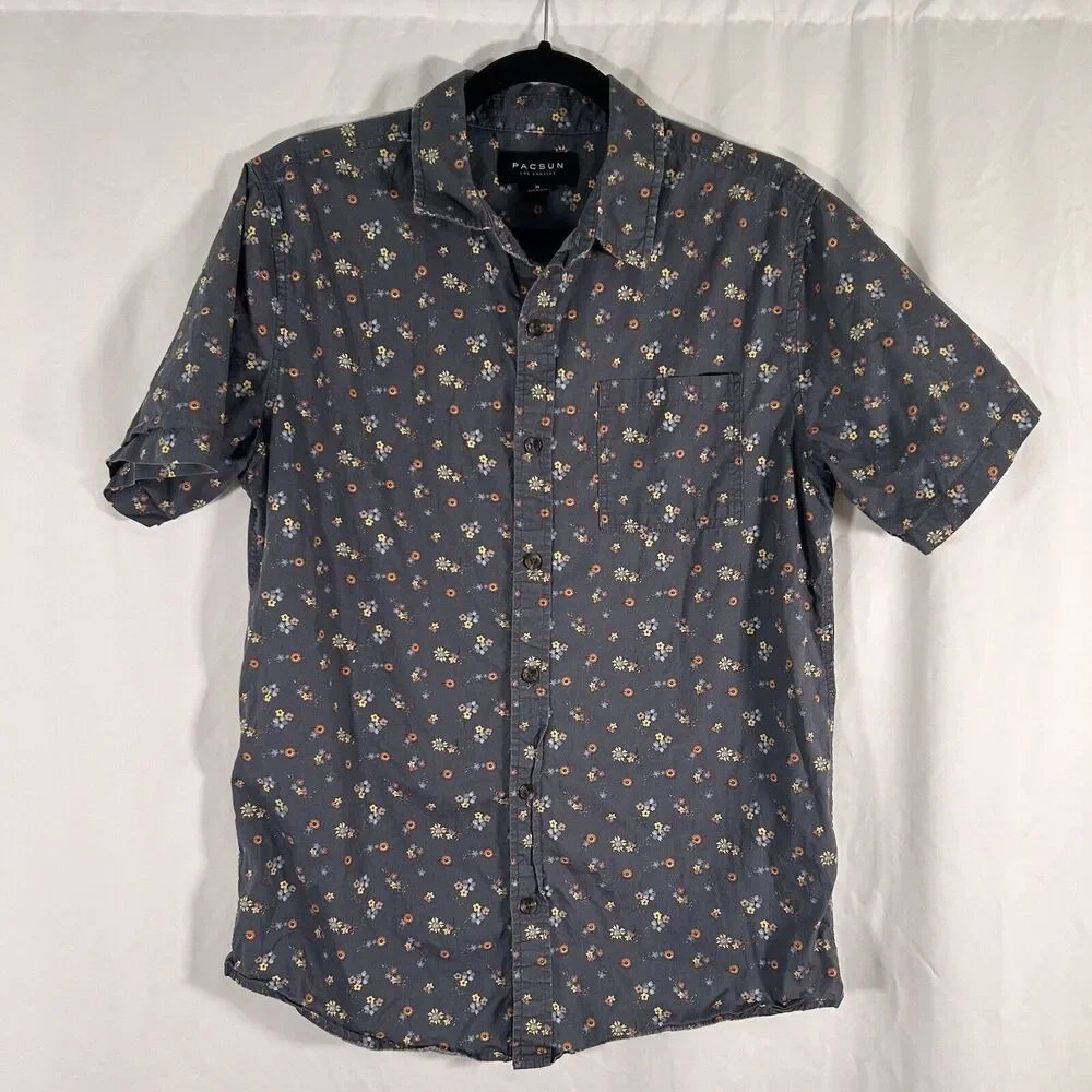 Pacsun Shirt Men's Medium Blue Floral Button Up Polo Short Sleeve 100% Cotton